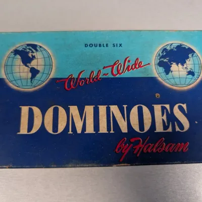 Sale Photo Thumbnail #196: Vintage Double Six World-Wide Dominoes set by Halsam in original blue cardboard box with globe graphics.