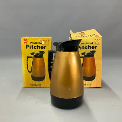 Sale Photo Thumbnail #403: Vintage gold and black insulated thermal pitcher displayed in front of two original Zayre retail boxes.