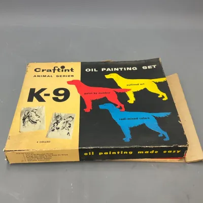 Sale Photo Thumbnail #295: Vintage Craftint Animal Series K-9 oil painting paint-by-number set featuring collies, in original packaging showing light age-related edge wear.