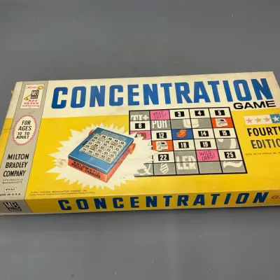 Sale Photo Thumbnail #236: Vintage Milton Bradley Concentration Game 4th Edition box, circa 1960s, showing typical edge and corner wear.