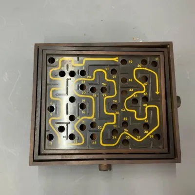 Sale Photo Thumbnail #400: Vintage wooden Labyrinth marble maze game featuring dual-axis control knobs and numbered yellow paths.
