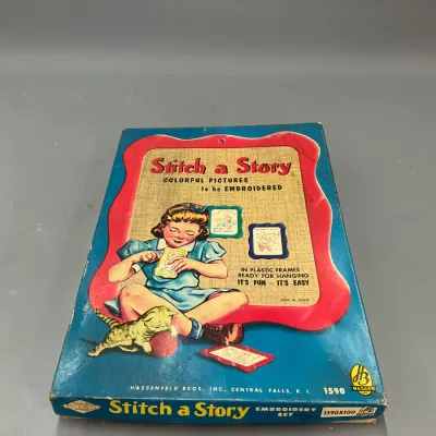 Sale Photo Thumbnail #111: Vintage 1950s Hasbro 'Stitch a Story' embroidery set in original box, featuring nursery rhyme designs.