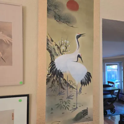 Sale Photo Thumbnail #40: Japanese silk scroll painting featuring two red-crowned cranes 