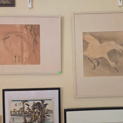 Sale Photo Thumbnail #39: Pair of framed Asian sumi-e style paintings featuring egrets or herons 