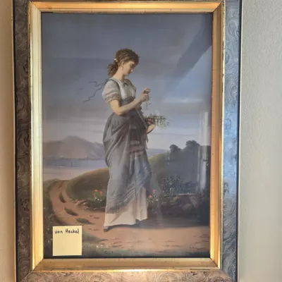 Sale Photo Thumbnail #22: print after August von Heckel  in a wide gilt and marbled-style frame.