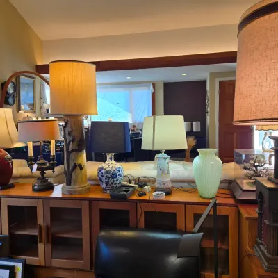 Sale Photo Thumbnail #3: vintage table lamps in various styles—including ceramic, chinoiserie, and wood