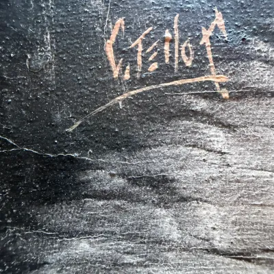 Close-up detail of an artist's signature etched or painted onto a textured, dark oil painting canvas.