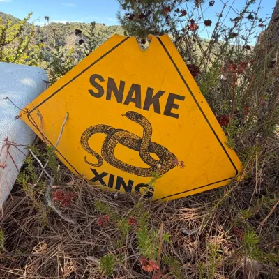 Vintage yellow metal 'Snake Xing' warning sign featuring a graphic illustration of a snake, showing weathered patina and minor...