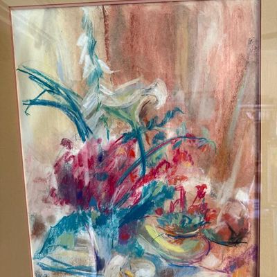 Sale Photo Thumbnail #79: Framed impressionistic pastel drawing depicting a floral still life arrangement with bright pink and white blooms, presented in a tan mat and wooden frame.