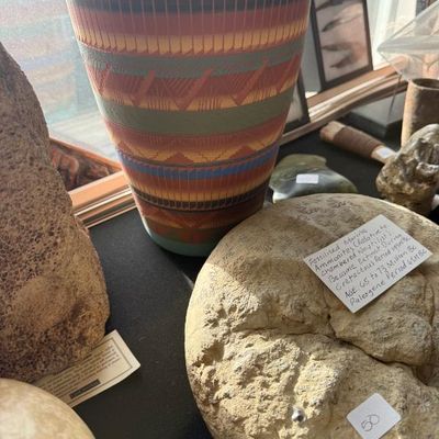 Sale Photo Thumbnail #148: Southwestern-style pottery vase featuring colorful geometric etched patterns alongside a fossilized marine ammonite specimen with an informative label.