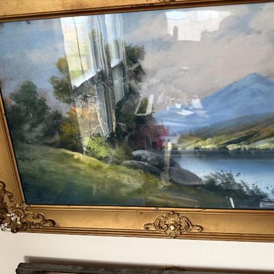 Sale Photo Thumbnail #75: Framed antique landscape painting housed under glass in an ornate gilt wood frame with corner and edge scrolls.
