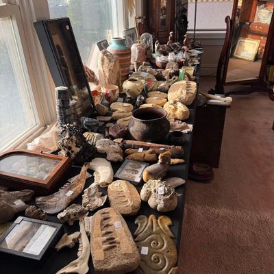 Sale Photo Thumbnail #217: Large collection of fossils, bone specimens, minerals, and Southwest-style pottery displayed on a long table.