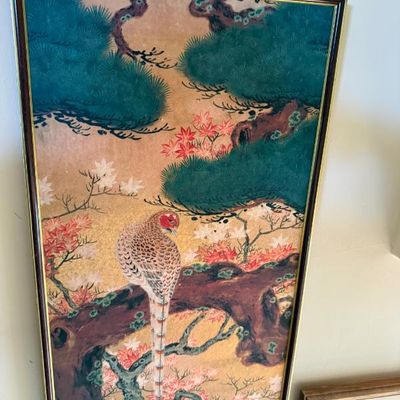 Sale Photo Thumbnail #67: Vintage framed Japanese-style art print depicting a pheasant perched on a pine tree branch, set in a wood and gold-tone rimmed frame.