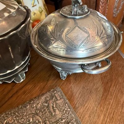 Sale Photo Thumbnail #16: Antique Victorian silver-plated footed butter dish with a cow finial, engraved domed lid, and double handles.