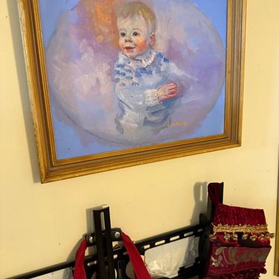 Sale Photo Thumbnail #115: Framed impressionistic portrait painting of a young child in a blue outfit, set in a gilded wooden frame.
