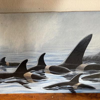 Sale Photo Thumbnail #49: Original wildlife painting depicting a pod of orcas swimming in misty waters, rendered in cool tones with a bird flying overhead.