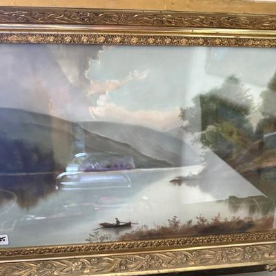 Sale Photo Thumbnail #72: Antique framed landscape art print depicting a serene river scene with a small rowboat, presented in an ornate gilded wood frame.