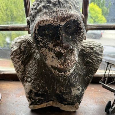 Sale Photo Thumbnail #295: Vintage sculpted bust of an early hominid or ape with a distressed, painted plaster finish.