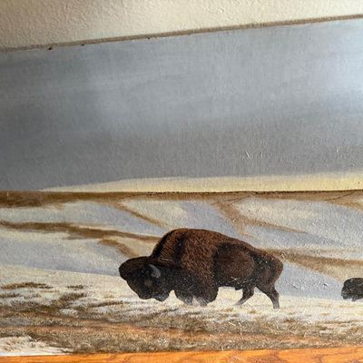 Sale Photo Thumbnail #48: Unframed oil painting on panel depicting bison in a snowy landscape scene.