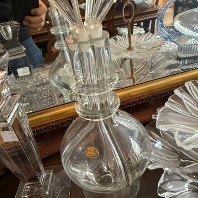 Sale Photo Thumbnail #342: Vintage Italian clear glass four-chamber liqueur decanter featuring distinct interior compartments and individual spouts.