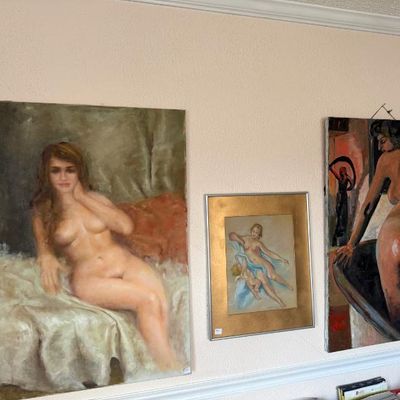 Sale Photo Thumbnail #120: Collection of original vintage fine art nude paintings hanging on a wall, including oil portraits and a framed drawing.