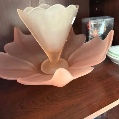 Sale Photo Thumbnail #247: Vintage frosted pink glass center-piece set featuring a wide lotus leaf bowl and matching small flared vase.