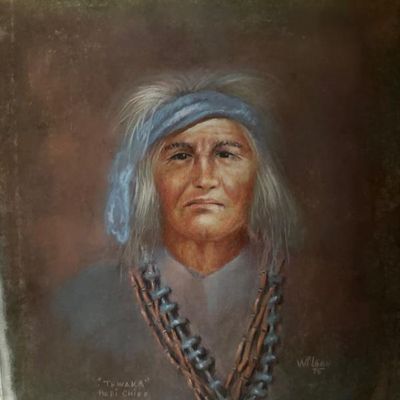 Sale Photo Thumbnail #81: Framed original portrait painting depicting Hopi Chief Tewaka wearing traditional beads, signed by artist Wilson and dated 1975.