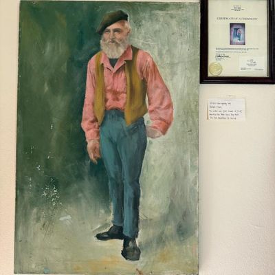 Sale Photo Thumbnail #44: Full-length oil portrait on canvas depicting a bearded man in a beret and vest, accompanied by a framed Certificate of Authenticity.
