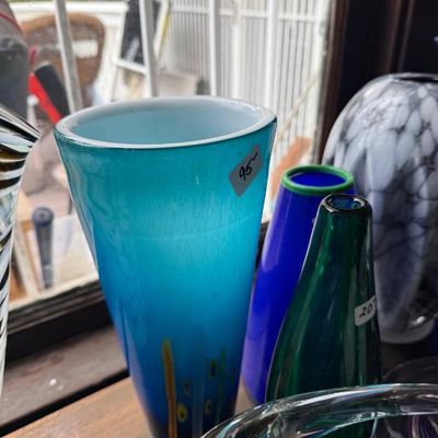 Sale Photo Thumbnail #25: Mid-century modern style art glass vases in vivid blue, green, and turquoise tones.