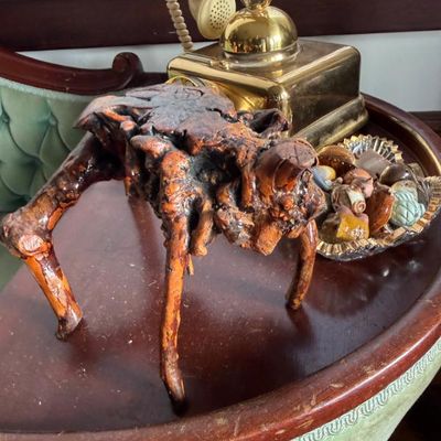 Sale Photo Thumbnail #267: Rustic burl wood tripod stool or accent piece displaying natural root grain and varnish finish, alongside a vintage brass telephone and decorative trinket bowl.