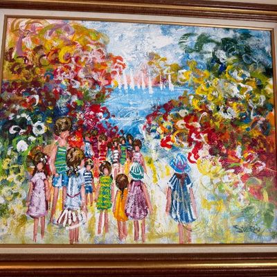 Sale Photo Thumbnail #92: Framed impressionist oil painting depicting a group of children on a path heading toward a coastal view, signed in the lower right corner.