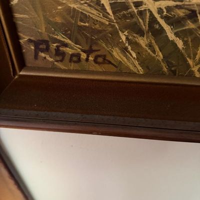 Sale Photo Thumbnail #103: Close-up detail of an artist signature on a framed oil painting.