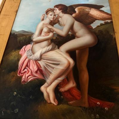 Sale Photo Thumbnail #52: Framed classical-style painting depicting Cupid and Psyche, signed by the artist in the lower left corner and set in a gilt wooden frame.