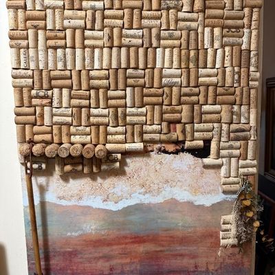 Sale Photo Thumbnail #158: Handcrafted mixed-media wall art featuring a basketweave pattern of wine corks mounted over a printed landscape canvas.