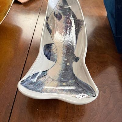 Sale Photo Thumbnail #286: Elongated ceramic fish-shaped tray featuring a painted trout motif in shades of blue and gray with a glossy glaze finish.