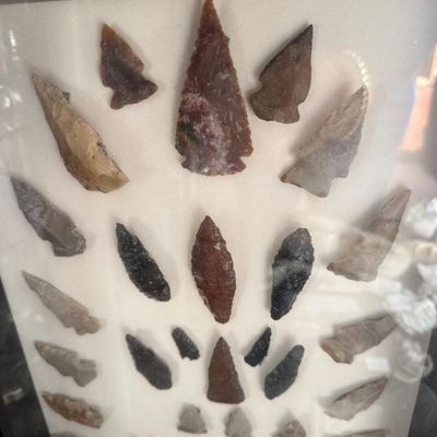 Sale Photo Thumbnail #214: Framed display case containing a collection of Native American stone arrowheads and projectile points in various sizes and materials.