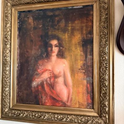 Sale Photo Thumbnail #85: Vintage framed oil painting on canvas depicting a semi-nude woman draped in red fabric, set in an ornate gilded frame.