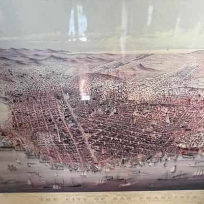 Sale Photo Thumbnail #70: Large framed vintage Currier & Ives style lithograph map print titled 'The City of San Francisco', depicting a bird's-eye view of the city and bay.