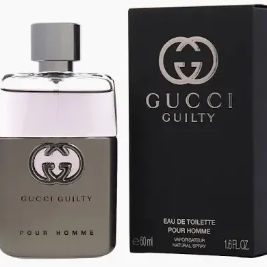 Gucci Guilty Pour Homme Eau de Toilette spray bottle, 50 ml / 1.6 fl oz, displayed alongside its original black box.