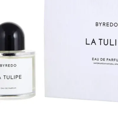 Bottle of Byredo La Tulipe Eau de Parfum with its original white minimalist box packaging.