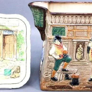 Vintage Royal Doulton 'Tony Weller' ceramic pitcher and matching coaster plate, featuring detailed relief molding of tavern...