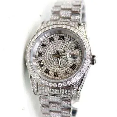 Diamond-encrusted wrist watch with Roman numeral hour markers, date window, and pave-set link bracelet.