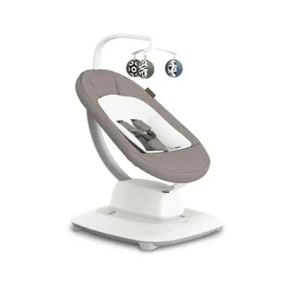 Modern 4moms mamaRoo multi-motion baby swing featuring a neutral taupe and white seat fabric with an overhead toy mobile.