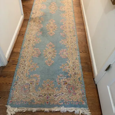 Sale Photo Thumbnail #33: Vintage wool runner rug in light blue and cream with floral medallion patterns and fringed ends.