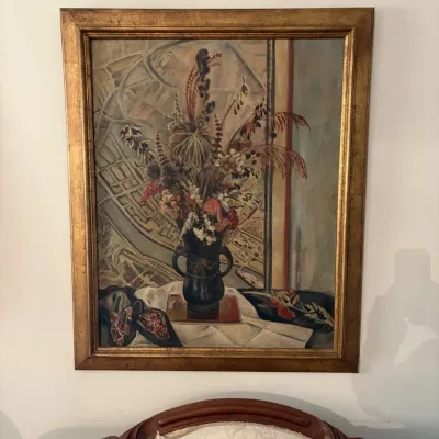 Sale Photo Thumbnail #12: Framed oil painting depicting a floral arrangement in a dark vase, set against a muted graphic background and housed in a gilt wooden frame.
