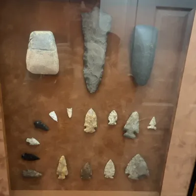 Sale Photo Thumbnail #32: Framed display case containing a collection of Native American stone artifacts, including arrowheads, spear points, and polished stone celt tools.
