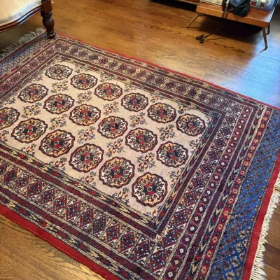 Sale Photo Thumbnail #90: Hand-knotted Bukhara style wool area rug featuring a central medallion pattern in beige, red, and navy blue tones.
