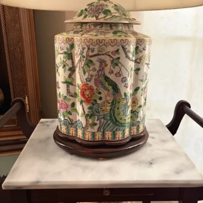 Sale Photo Thumbnail #7: Vintage Famille Rose style ginger jar table lamp featuring a hand-painted peacock and floral design on a wooden base with a cream shade.