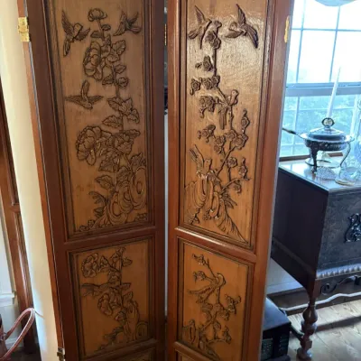 Sale Photo Thumbnail #16: Two-panel carved Asian wood room divider screen featuring relief carvings of birds and floral motifs on each section.