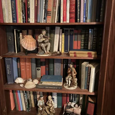 Sale Photo Thumbnail #48: Wooden bookcase filled with various hardcover books, decorative sea shells, and porcelain figurines.